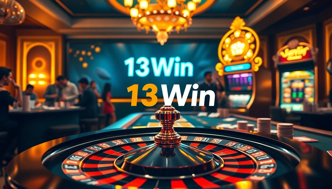 Exciting gambling scene featuring 13Win logo at a roulette wheel and poker table