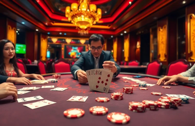 Experience Rồng Hổ Online at an exciting casino table with players and a dealer.