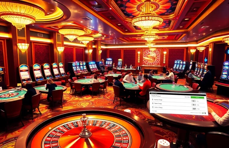 Excited players at qh88 casino tables enjoying poker and blackjack under luxurious lighting.