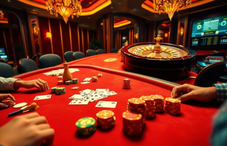 SBOBET poker game in an elegant casino setting, capturing excitement and strategy during high-stakes gameplay.