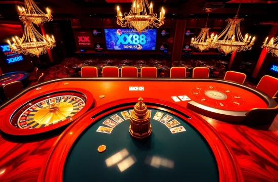 Experience thrilling gambling at the XX 88 casino with vibrant roulette and poker tables.