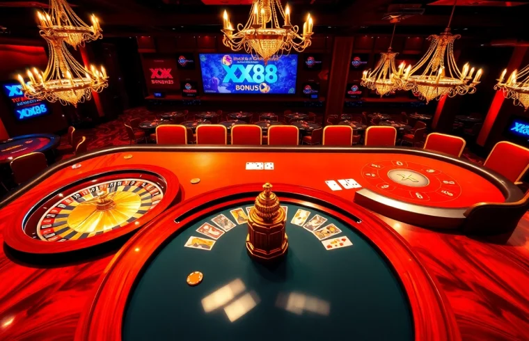 Experience thrilling gambling at the XX 88 casino with vibrant roulette and poker tables.