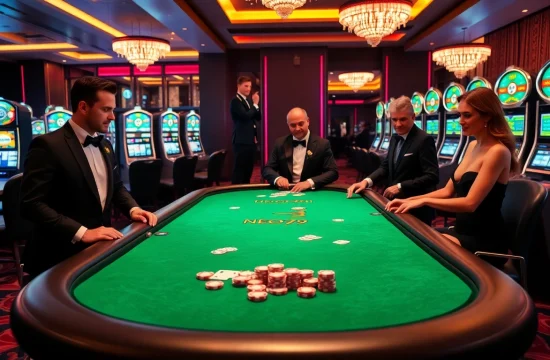 Gamblers enjoying high-stakes action at NEO79's luxurious casino table