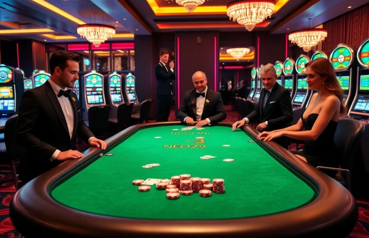 Gamblers enjoying high-stakes action at NEO79's luxurious casino table
