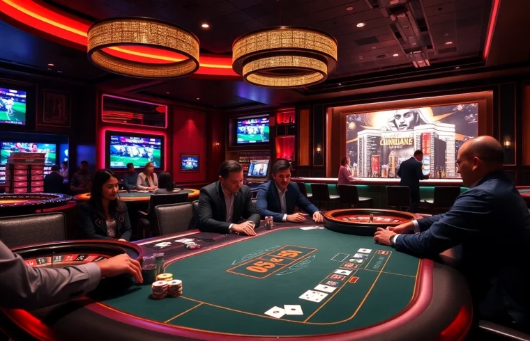 High-stakes poker action at https://urr88.com/ casino with professional players and vibrant atmosphere.