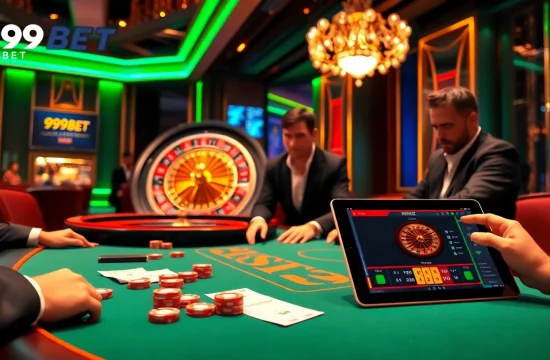 Engaged players enjoying a high-stakes game at 999BET casino table, vibrant neon lights.