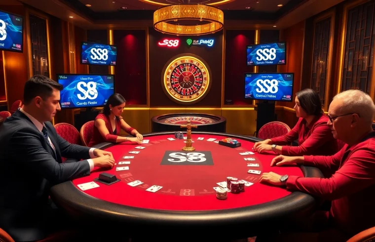 S8 poker table scene with players, chips, and roulette wheel showcasing intense gambling action.
