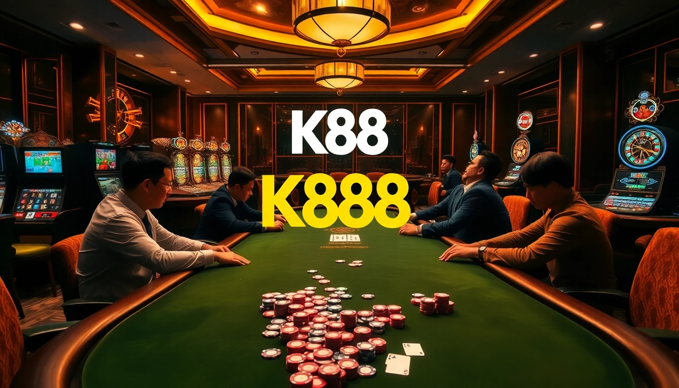 K88 players strategizing in an elegant casino atmosphere, surrounded by vibrant chips and cards.
