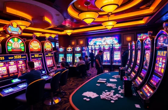 Players enjoying the excitement of slot machines in a luxurious casino setting