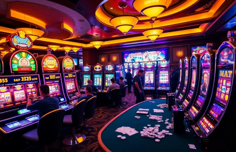 Players enjoying the excitement of slot machines in a luxurious casino setting