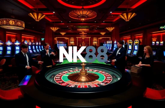 Players engaging in thrilling games at NK88, showcasing poker chips and a roulette wheel.