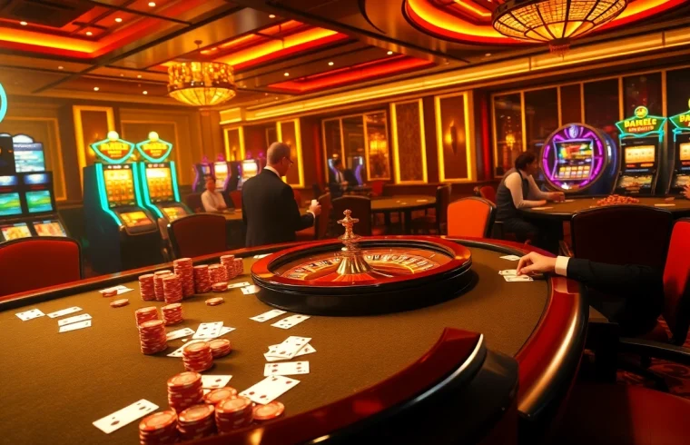 Experience Nc88's thrilling gambling action with vibrant poker chips and an elegant roulette wheel.