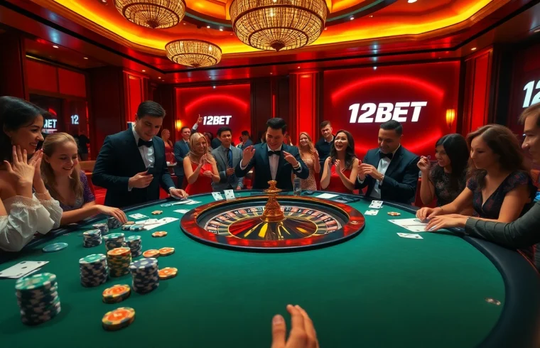 Exciting scene of players enjoying games at 12BET's luxurious casino, featuring poker chips and a roulette wheel.