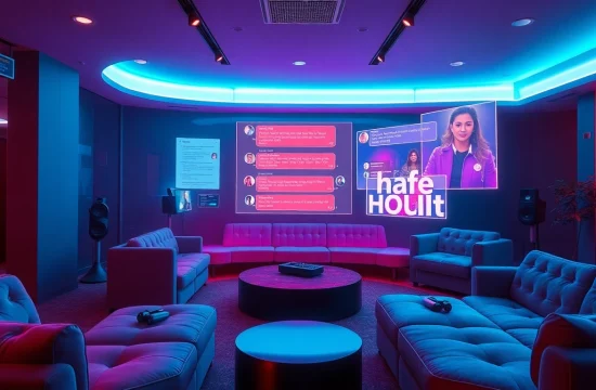 Engaging AI chat porn interface in a modern lounge setting with holographic elements.