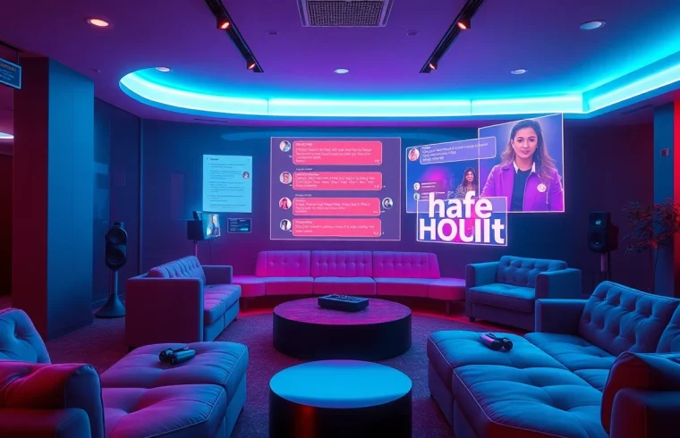 Engaging AI chat porn interface in a modern lounge setting with holographic elements.