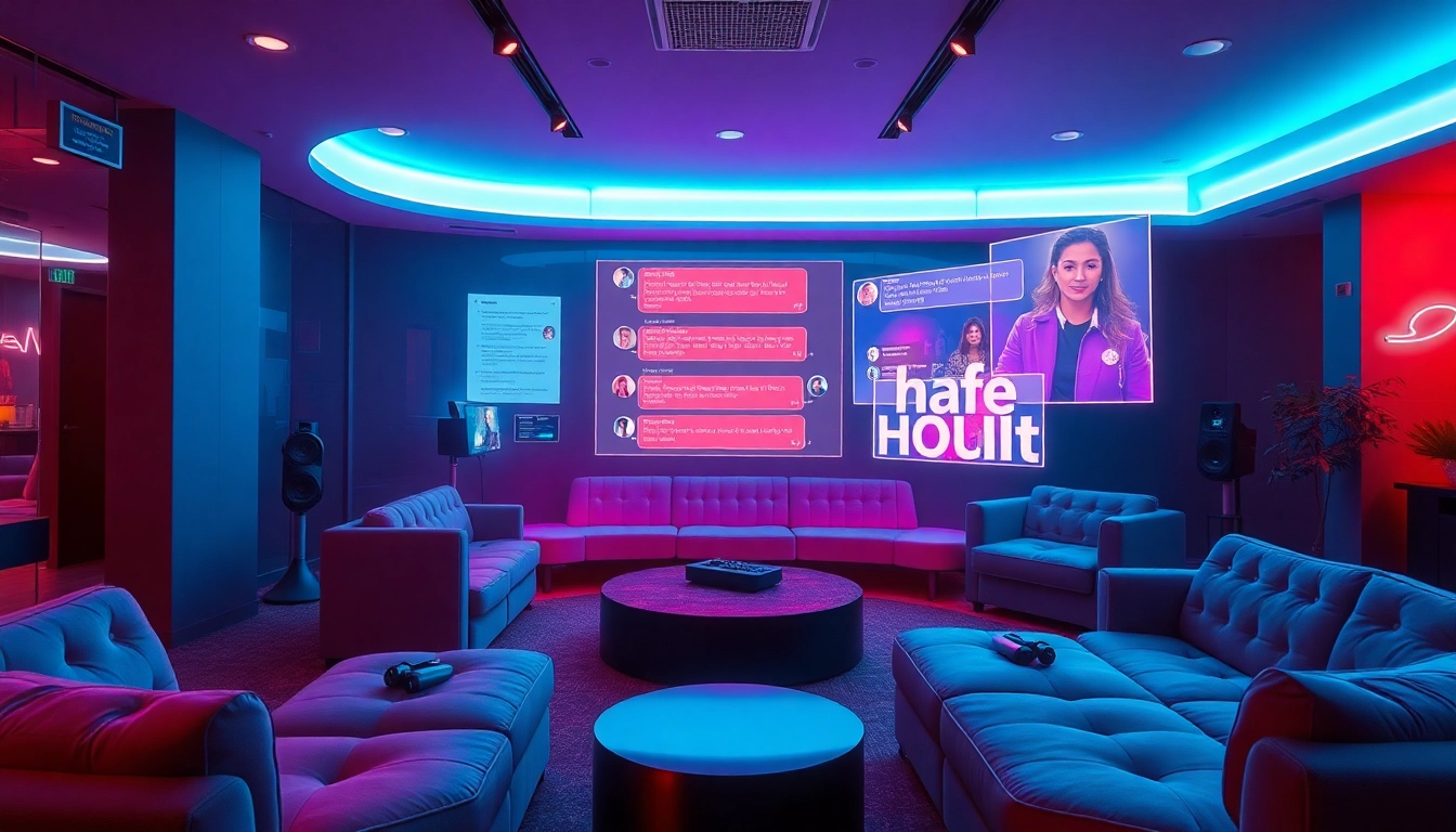 Engaging AI chat porn interface in a modern lounge setting with holographic elements.
