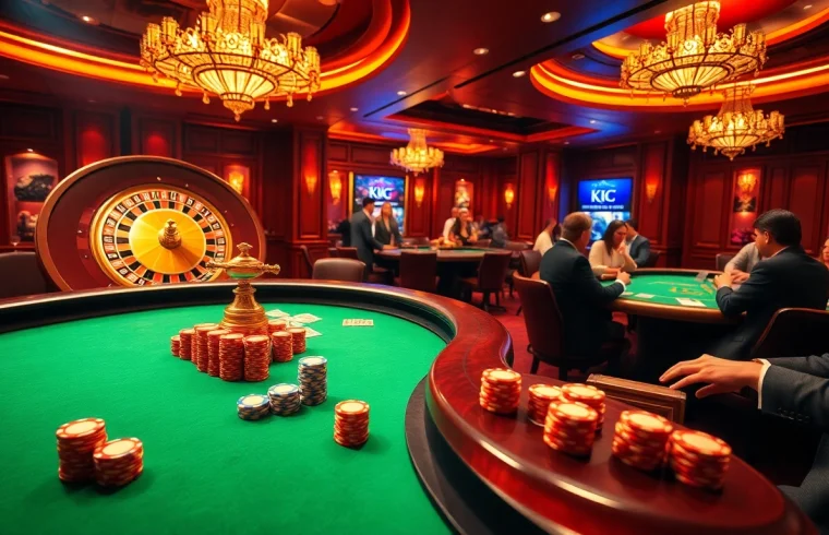 KJC brings excitement to the casino scene with players at a roulette wheel and vibrant poker tables.