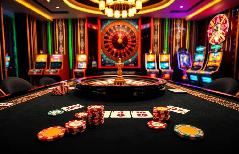 Experience high-stakes gaming with KING88 at the luxurious casino table filled with vibrant poker chips and cards.