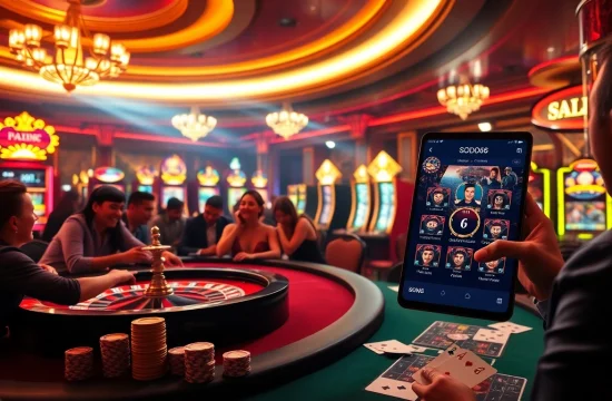 Players engaging with the SODO66 gambling platform in a vibrant casino setting, showcasing excitement and luxury.