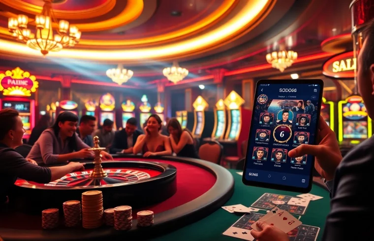 Players engaging with the SODO66 gambling platform in a vibrant casino setting, showcasing excitement and luxury.