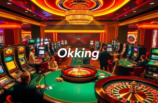 Okking casino scene with excited players at poker and roulette tables, showcasing luxury and thrill.