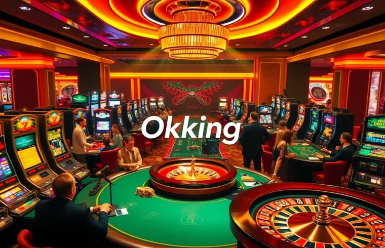 Okking casino scene with excited players at poker and roulette tables, showcasing luxury and thrill.