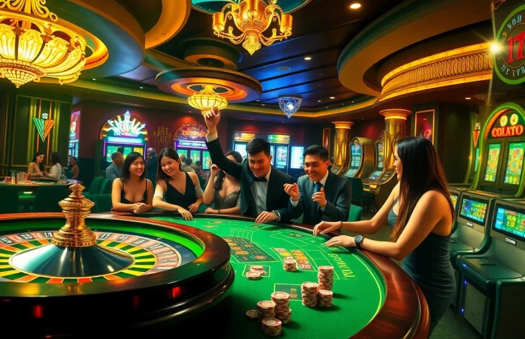 Players enjoying MK8 เครดิตฟรี at a vibrant casino table with roulette and chips.