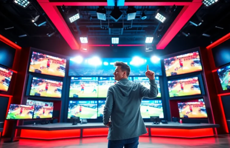 Engaging sports broadcasting scene featuring a presenter and live action coverage.