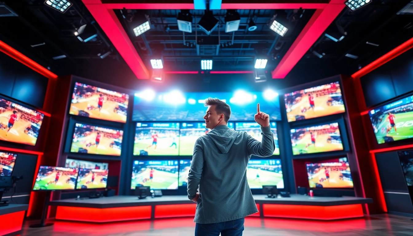 Engaging sports broadcasting scene featuring a presenter and live action coverage.
