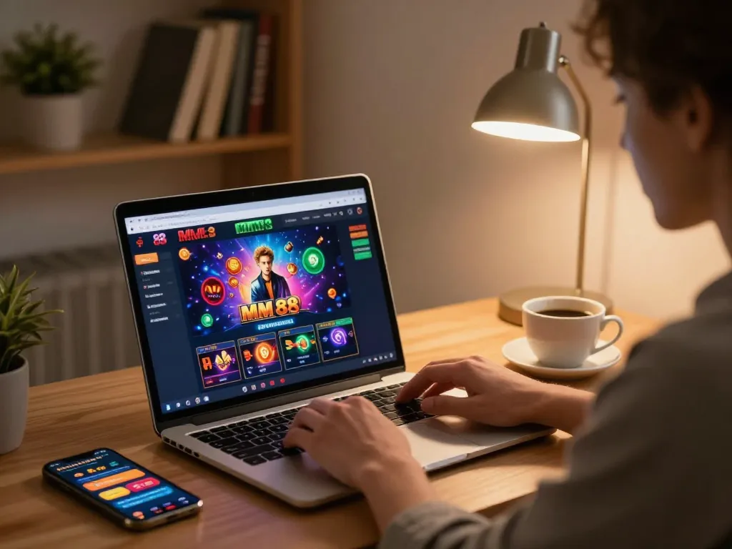 Engaging online gaming with MM 88 platform at home, capturing focused gameplay and a cozy atmosphere
