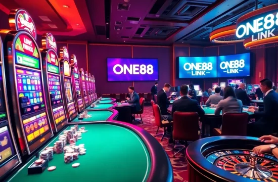 Experience the excitement of the casino with the ONE88 LINK featured prominently among vibrant slot machines.