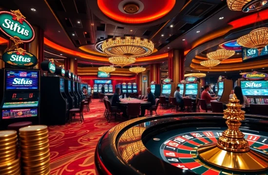 Situs 11 players enjoying high-stakes excitement at a luxurious casino gaming floor.