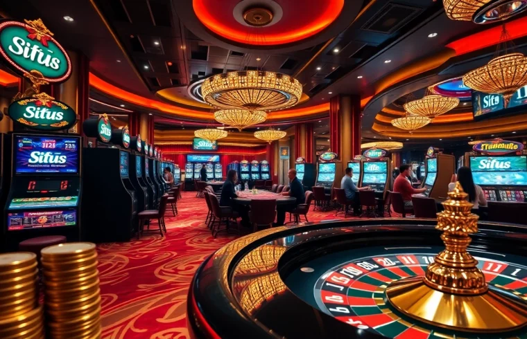 Situs 11 players enjoying high-stakes excitement at a luxurious casino gaming floor.