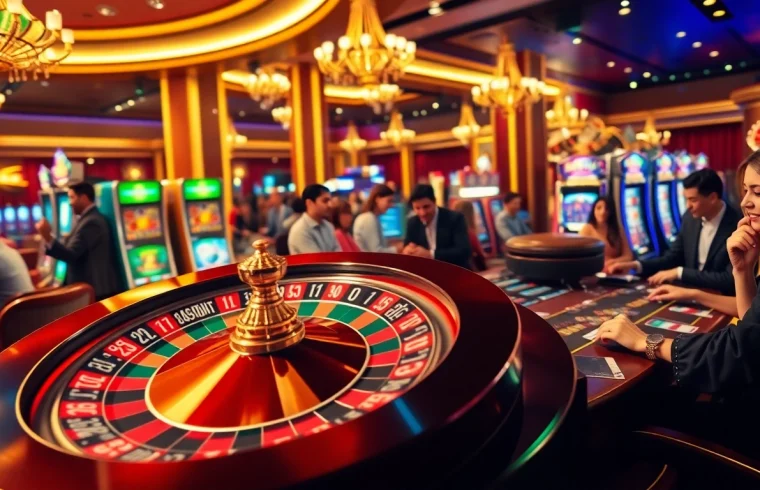 Experience the thrill of raja luck with vibrant casino elements, including poker chips and a spinning roulette wheel.