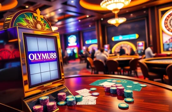 Spin the OLYMPUS88 slot machine amidst a vibrant casino atmosphere filled with excitement.
