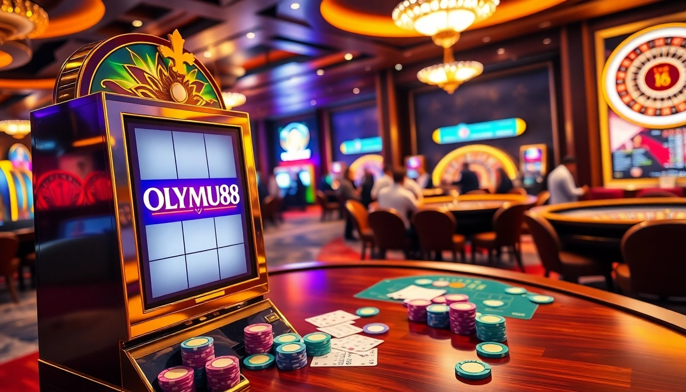 Spin the OLYMPUS88 slot machine amidst a vibrant casino atmosphere filled with excitement.