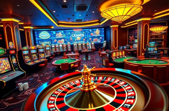 Betting excitement at https://kuwinblog.com/ with vibrant poker tables and slot machines.