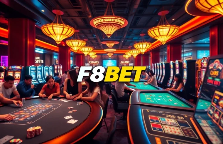 Exciting casino scene promoting F8BET COM with gaming tables and players.