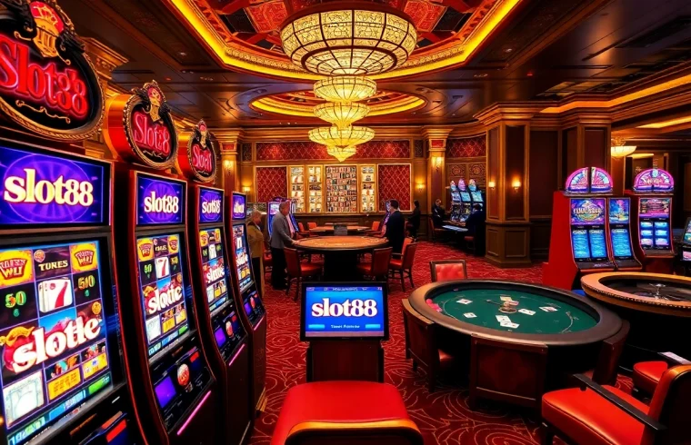 Experience the excitement of slot88 with vibrant slot machines in a luxurious casino setting.
