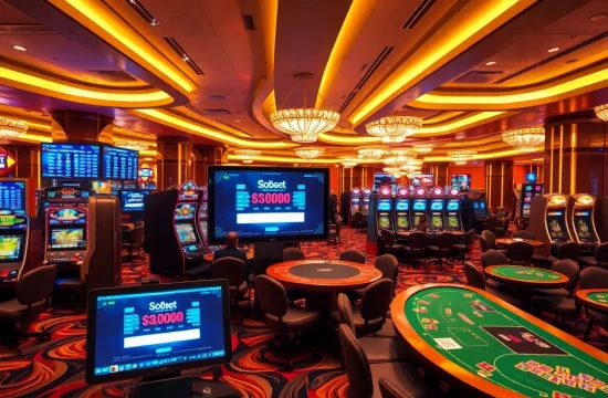 Sbobet login indonesia showcased on sleek betting terminals amidst a vibrant casino atmosphere.
