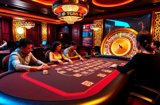 Experience thrilling gameplay at TG88 casino tables with poker, roulette, and high-energy atmosphere.