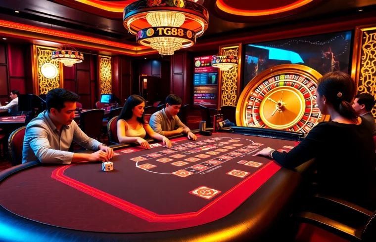 Experience thrilling gameplay at TG88 casino tables with poker, roulette, and high-energy atmosphere.
