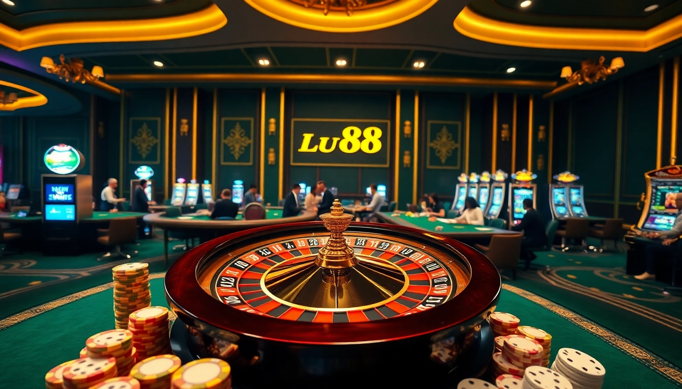 Engaging action at nhà cái lu88's vibrant gaming environment featuring roulette, poker, and slot machines.