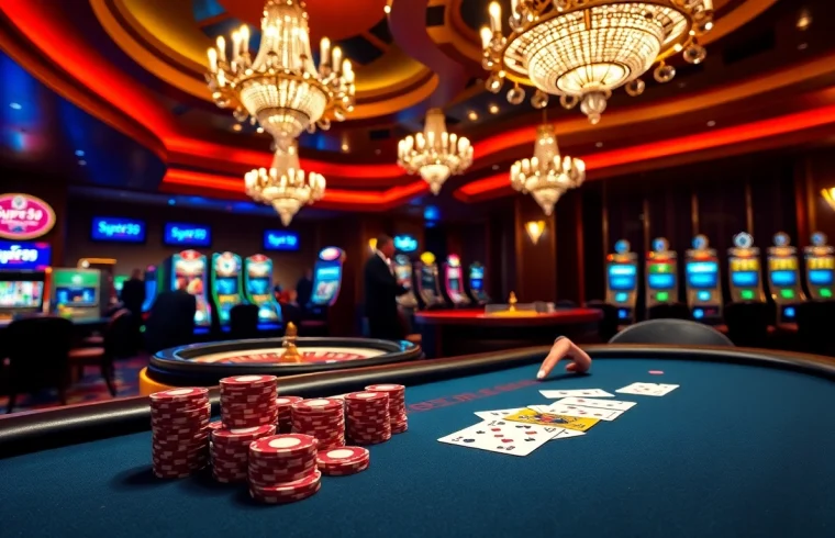 Engaging casino scene with Super59 daftar showing poker game, roulette, and vibrant slots.