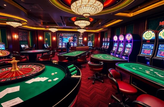 Engaging scene of NET88 online gambling with roulette wheel, poker tables, and vibrant slot machines.