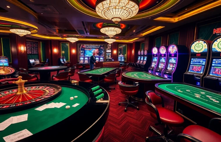 Engaging scene of NET88 online gambling with roulette wheel, poker tables, and vibrant slot machines.