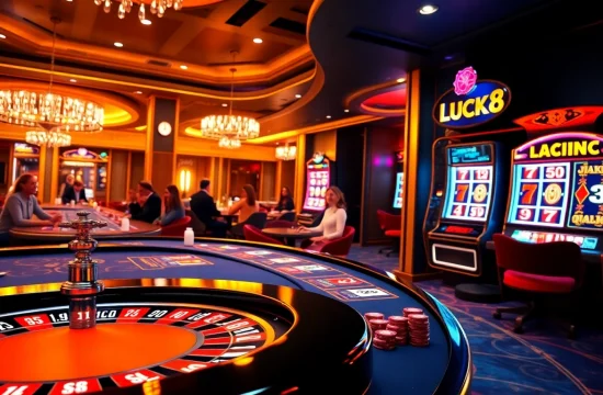 LUCK8 online casino with vibrant tables, poker chips, and an engaging gambling atmosphere.