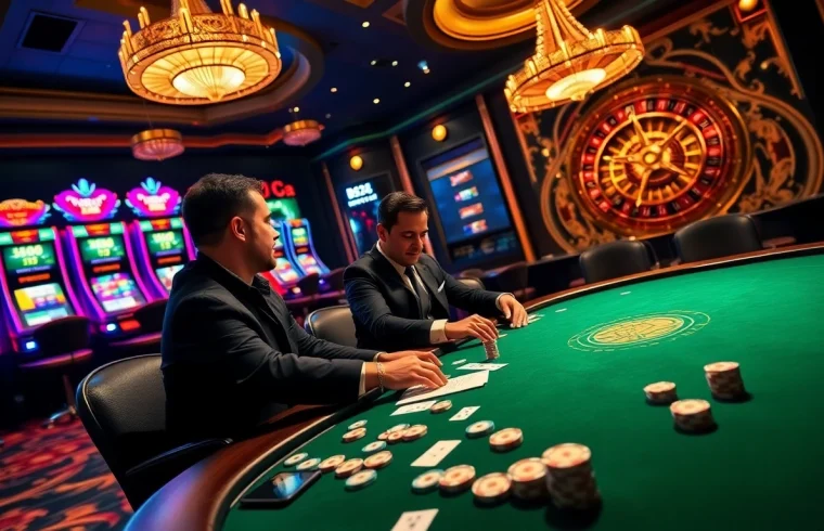 B52CLUB players enjoying a thrilling poker game at a luxurious casino.