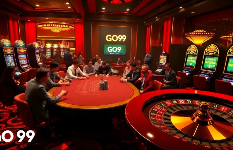 Excited players engaging at a luxurious Go 99 casino table, showcasing thrilling gambling action.