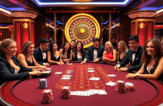 A vibrant Baccarat table scene with excited players engaging in online gambling at https://xx88.us/ showcasing luxury and excitement.